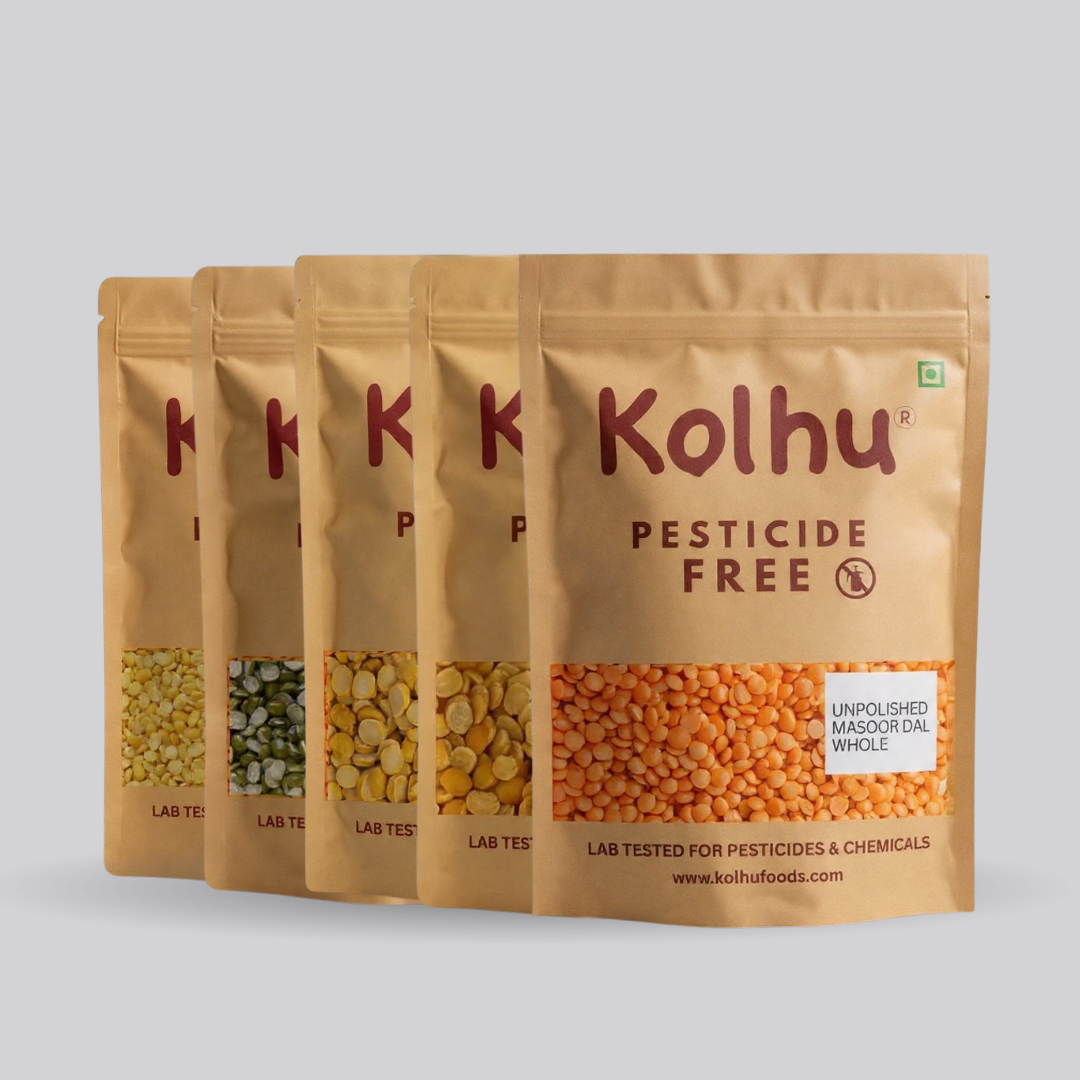 Monthly Pesticide Free Pulses 5Kg Pack (Toor Dal(1Kg) + Moong Dal(Skinless, 1Kg) + Moong Dal(Chilka, 1Kg) + Masoor Dal (Red, 1Kg) + Chana Dal(1Kg)