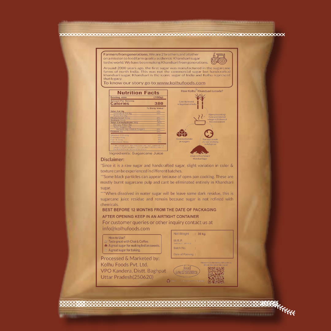 Natural Khandsari Sugar (Desi Khand) 30Kg PP Bulk Bag
