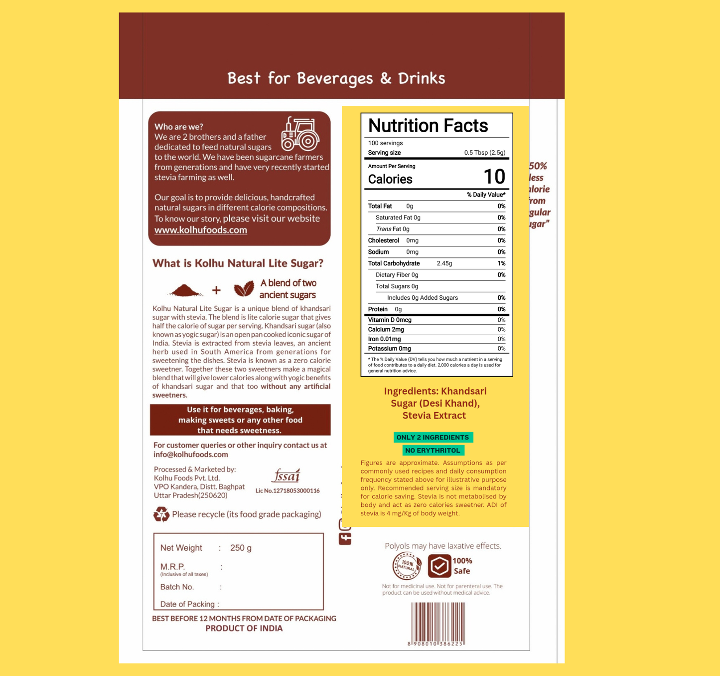 Kolhu Natural Lite Sugar 2.5Kg [Khandsari Sugar + Stevia] (Pack of 10. 250g each)