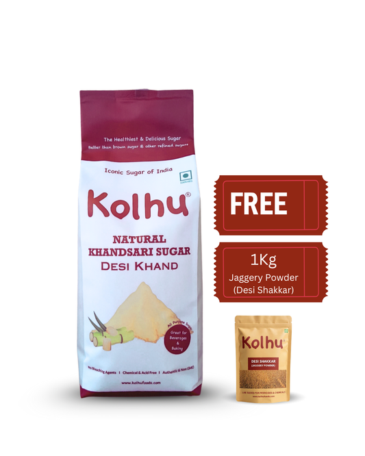 Kolhu Natural Khandsari Sugar (Desi Khand) 4Kg (1Kgx4) + Free 1Kg Jaggery Powder (Desi Shakkar)