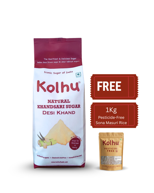 Kolhu Natural Khandsari Sugar (Desi Khand) 4Kg (1Kgx4) + Free 1Kg Pesticide-Free Sona Masuri Rice