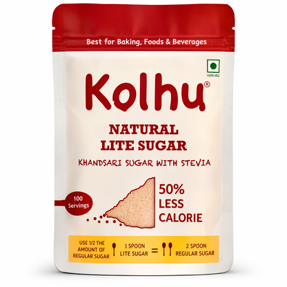 Kolhu Natural Lite Sugar 3Kg [Khandsari Sugar + Stevia] (Pack of 12. 250g each)