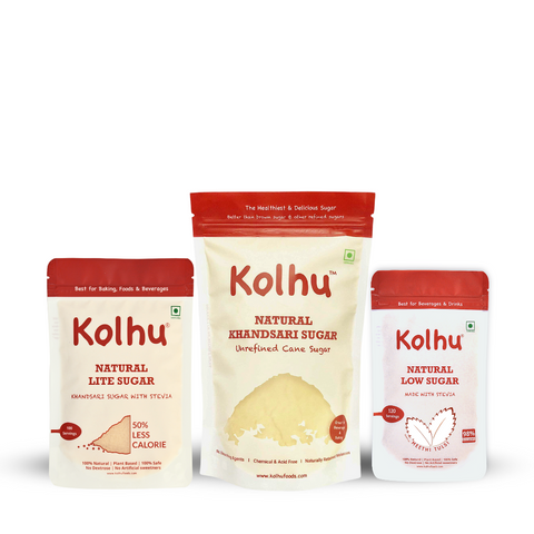 Kolhu Natural Sugars Bundle Pack of 3 (Khandsari Sugar + Lite Sugar + Low Sugar)